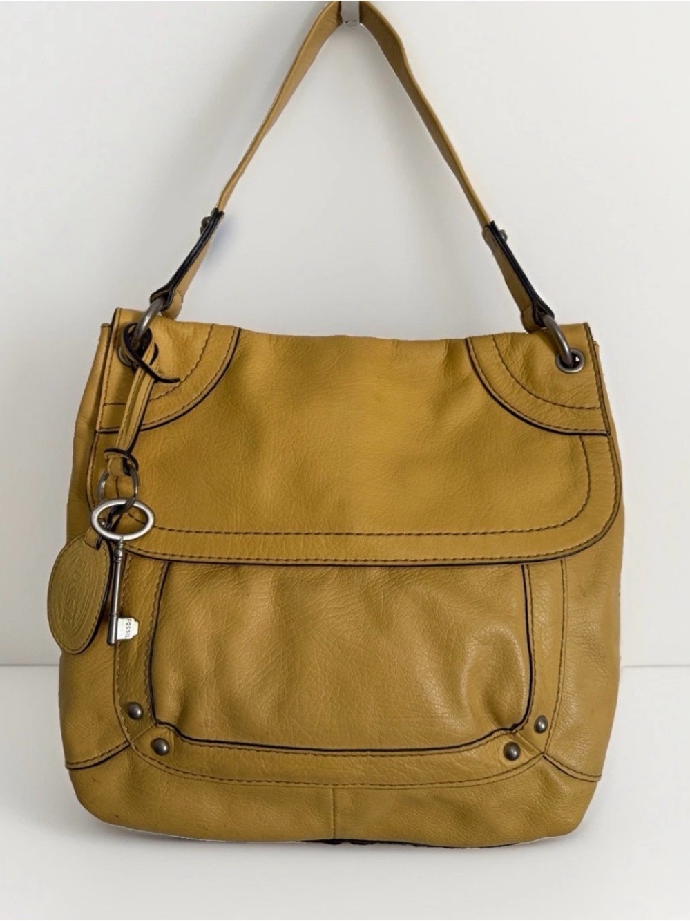 Fossil Yellow Pebbled Leather Flap Top Shoulder Bag Purse With Key And Hangtag